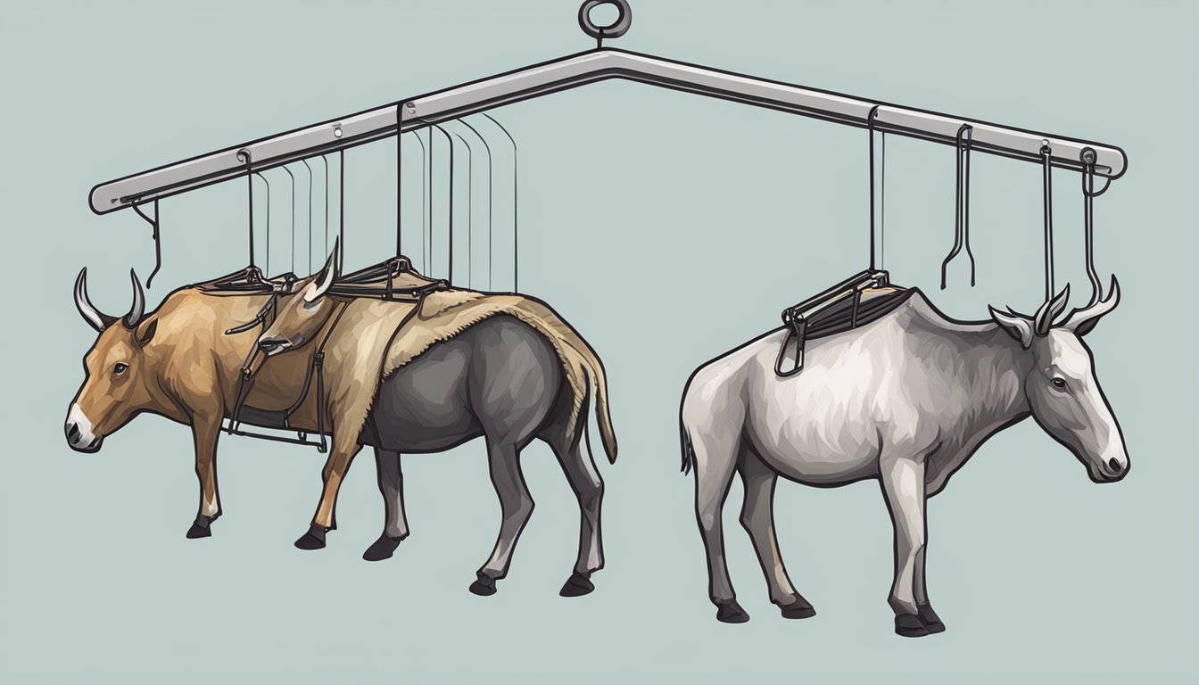 A sturdy metal hanger holding a freshly dressed animal carcass, with hooks and adjustable straps for securing limbs