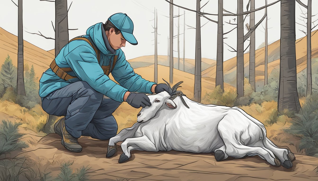 A person in outdoor gear carefully wraps a goat carcass in a protective covering and prepares it for transport