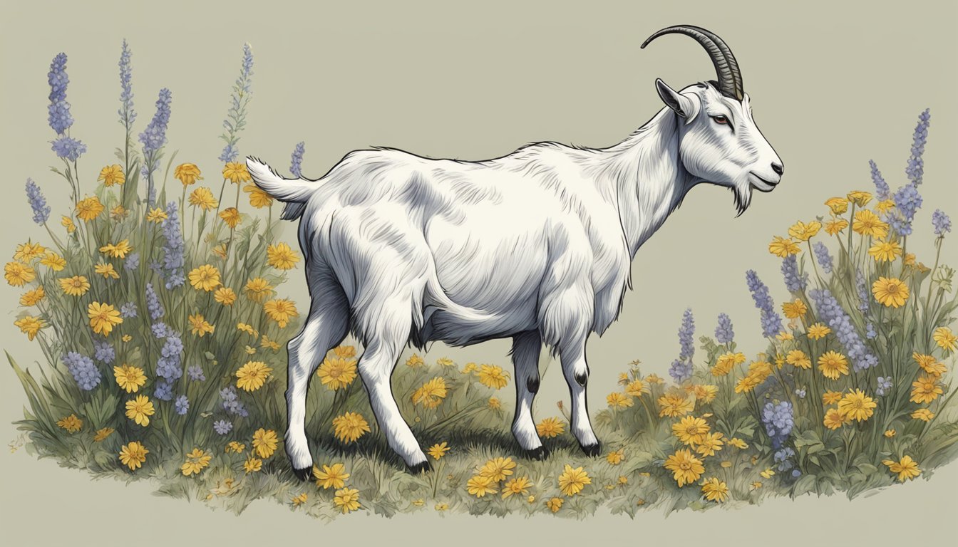 An illustration of a goat being field dressed, with the remaining parts scattered around the scene