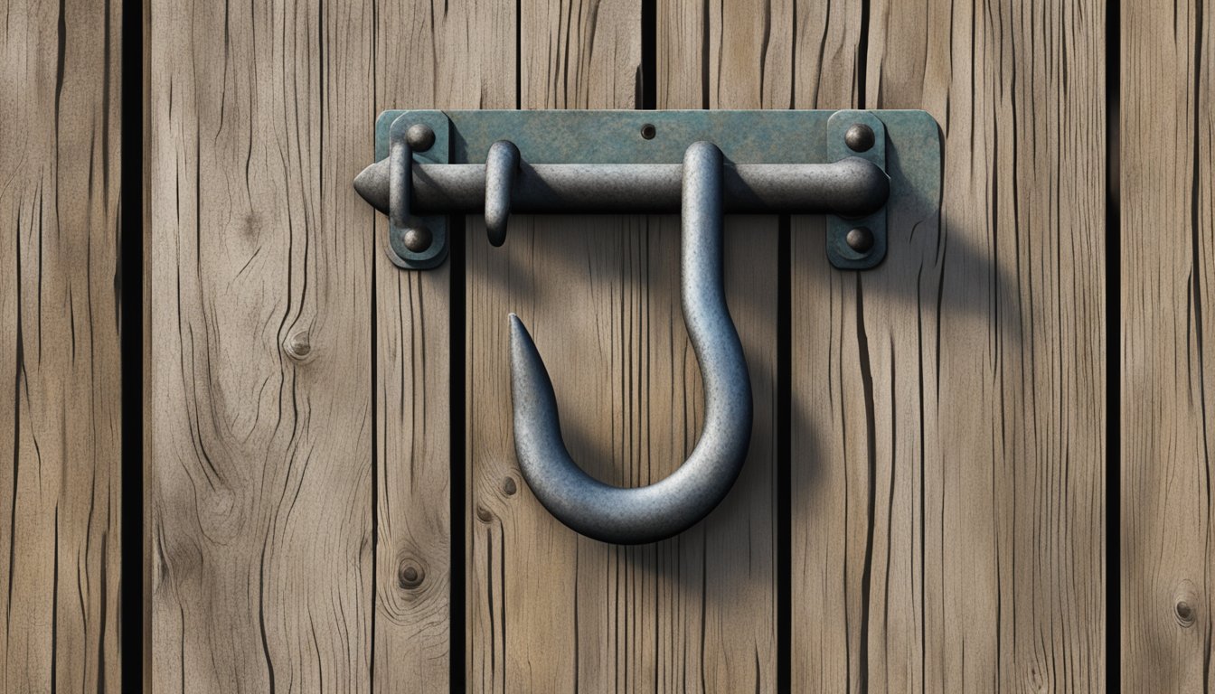 A sturdy metal field dressing hook hangs against a weathered wooden backdrop, with visible signs of wear and use