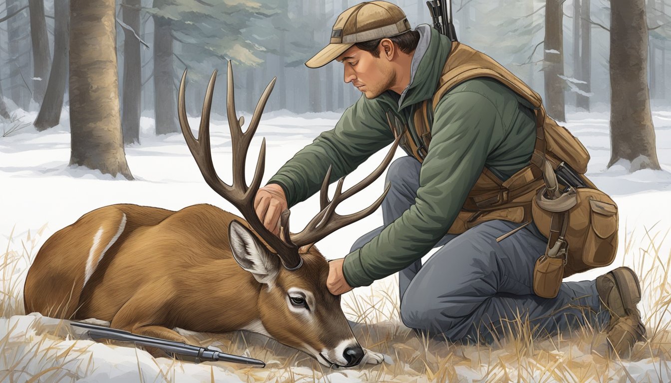 A hunter kneeling beside a gut shot deer, carefully making an incision to begin field dressing