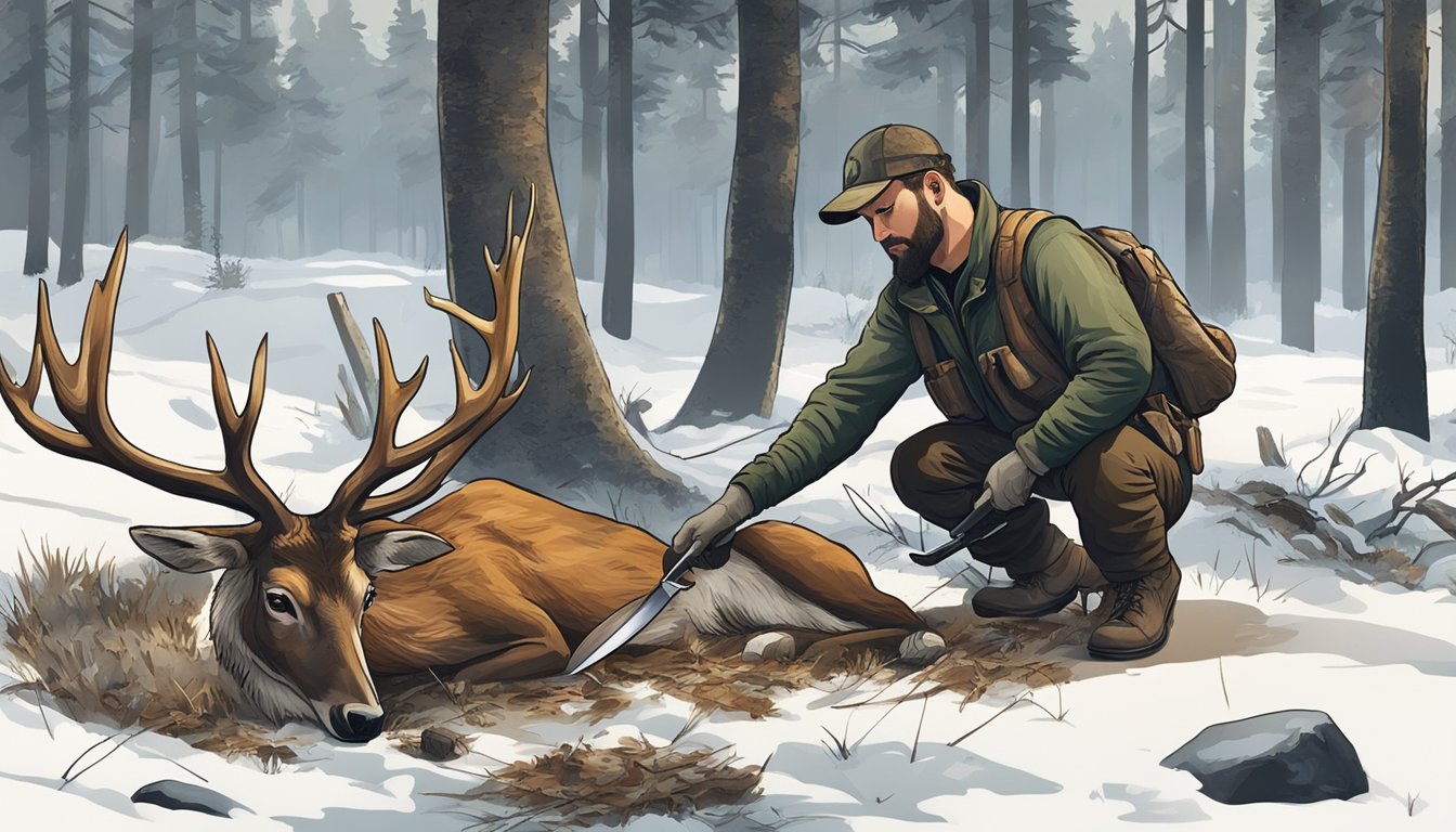 A hunter kneeling beside a gut shot deer, carefully removing the entrails with a sharp knife. The surrounding forest is dimly lit