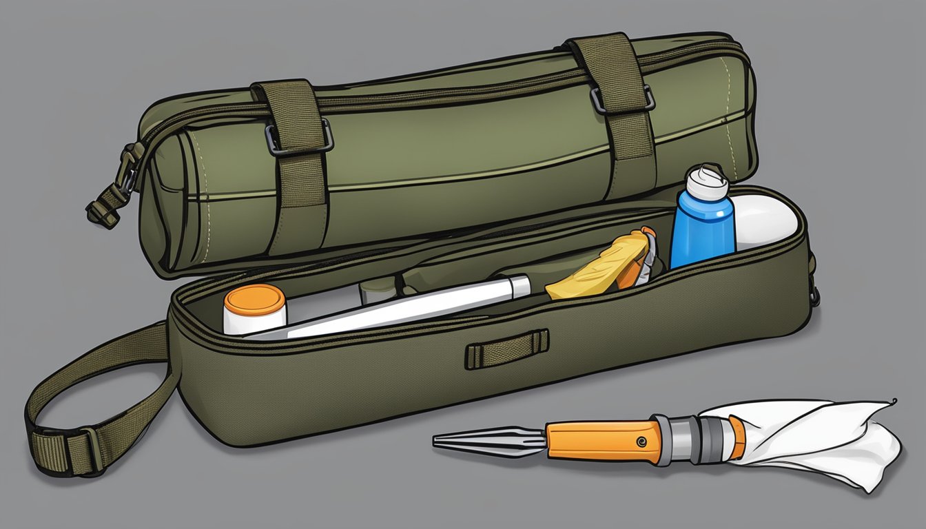 A field dressing hook attached to a hunting bag with various optional add-ons such as scissors, antiseptic wipes, and bandages