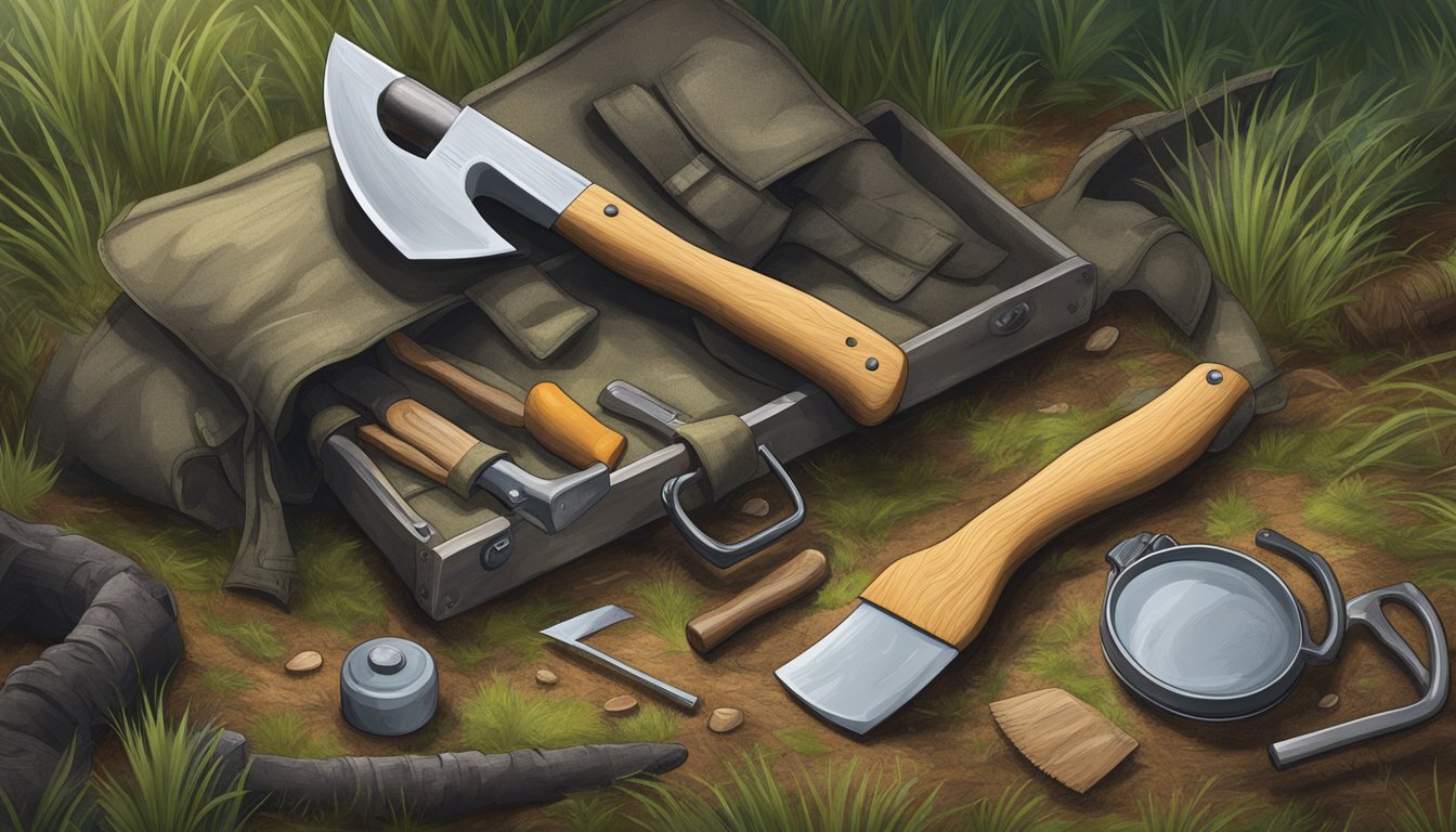 A hatchet lies next to a field dressing kit in the forest