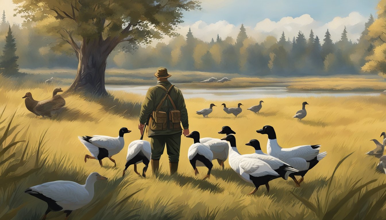 A hunter field dressing geese in a rural setting, surrounded by grass and trees, with a hunting dog nearby