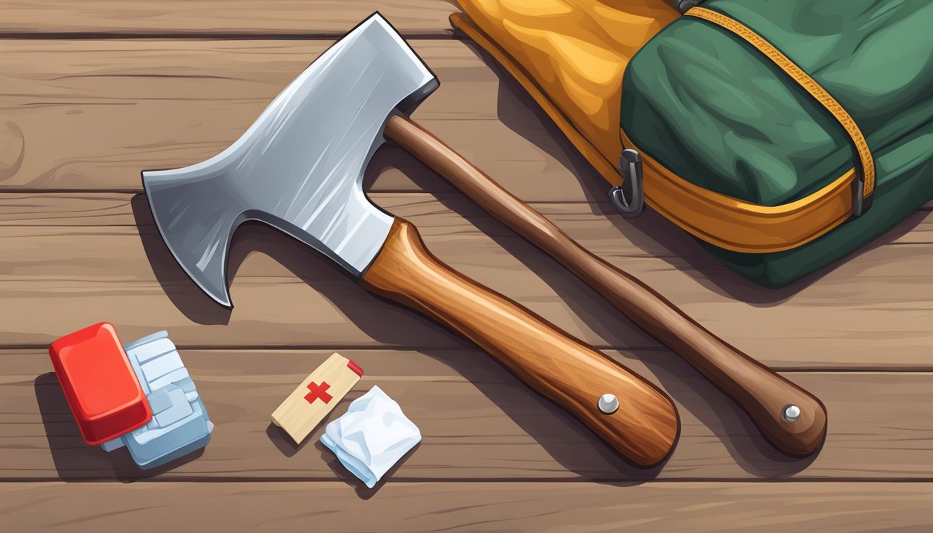 A hatchet rests on a wooden table next to a first aid kit and a pair of protective gloves