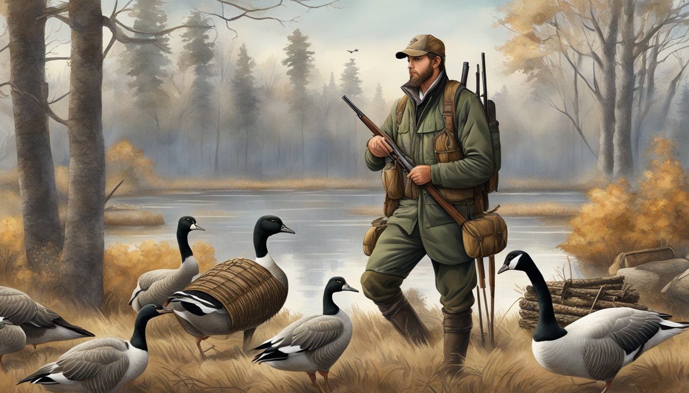 A hunter field dresses geese, surrounded by hunting gear and woodland