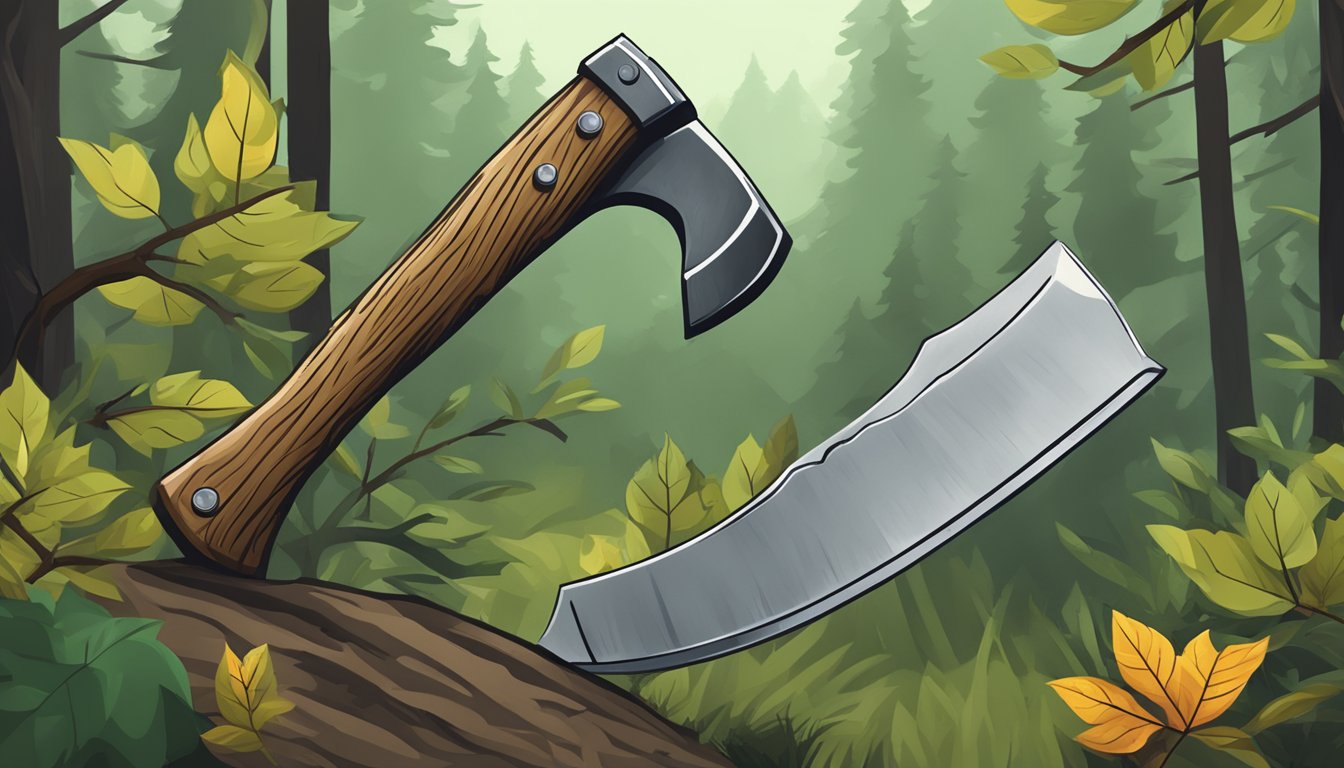 A hatchet with a rugged handle and a sharp blade, surrounded by branches and leaves in a forest clearing