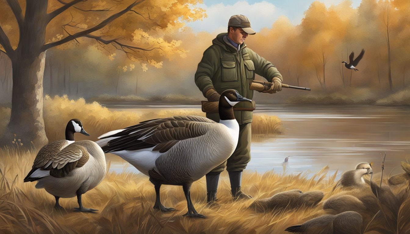 A hunter respectfully field dresses a harvested goose in a natural setting, surrounded by trees and wildlife