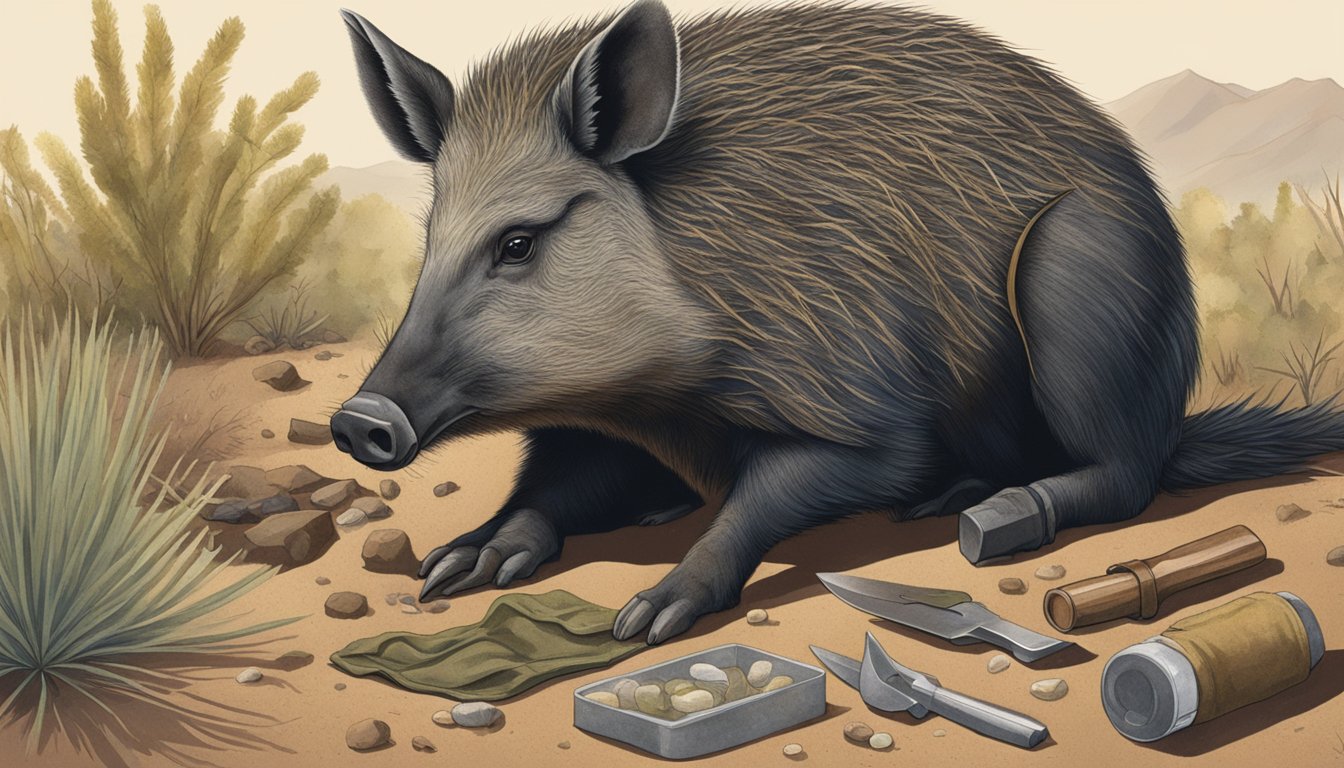 A hunter kneeling beside a javelina, with a knife in hand and a field dressing kit laid out on the ground