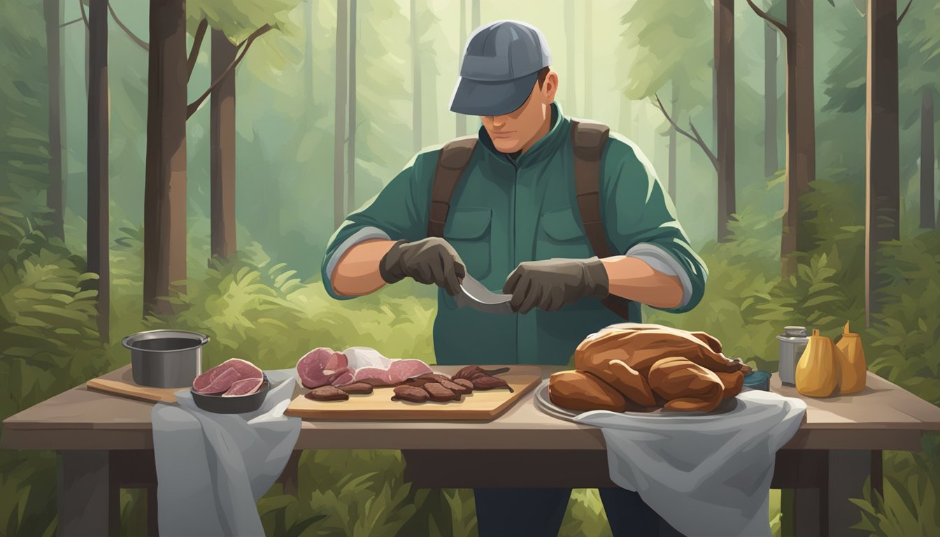 A pair of field dressing gloves being used to handle and process game meat in a forest clearing