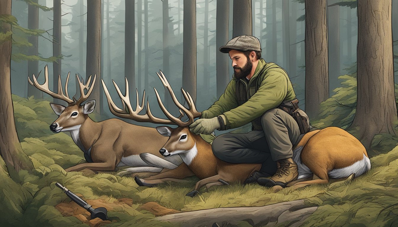 A hunter using field dressing gloves to skin and gut a deer in a forest clearing