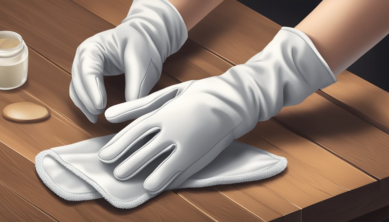 A pair of white dressing gloves being gently cleaned and conditioned with a soft cloth and leather conditioner, displayed on a wooden table