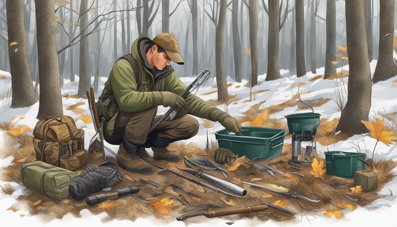 A hunter carefully cleans and prepares a fresh kill in a wooded clearing, surrounded by hunting gear and safety equipment