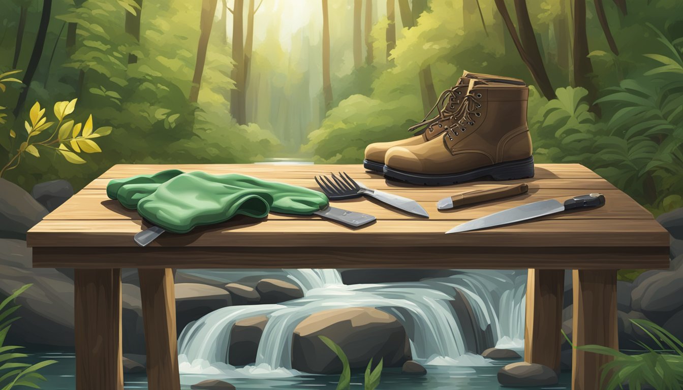 A pair of field dressing gloves lying on a wooden table, surrounded by a lush forest and a clear stream