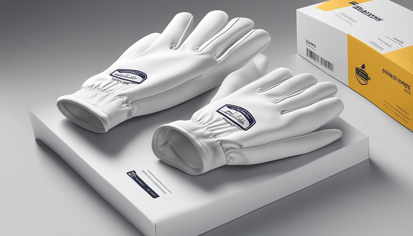 A pair of field dressing gloves displayed on a clean, white surface with packaging and branding visible, surrounded by outdoor gear