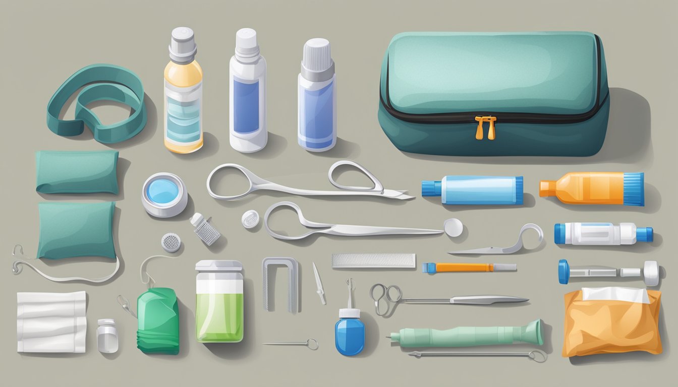 A field dressing kit with various medical supplies laid out on a clean, sterile surface