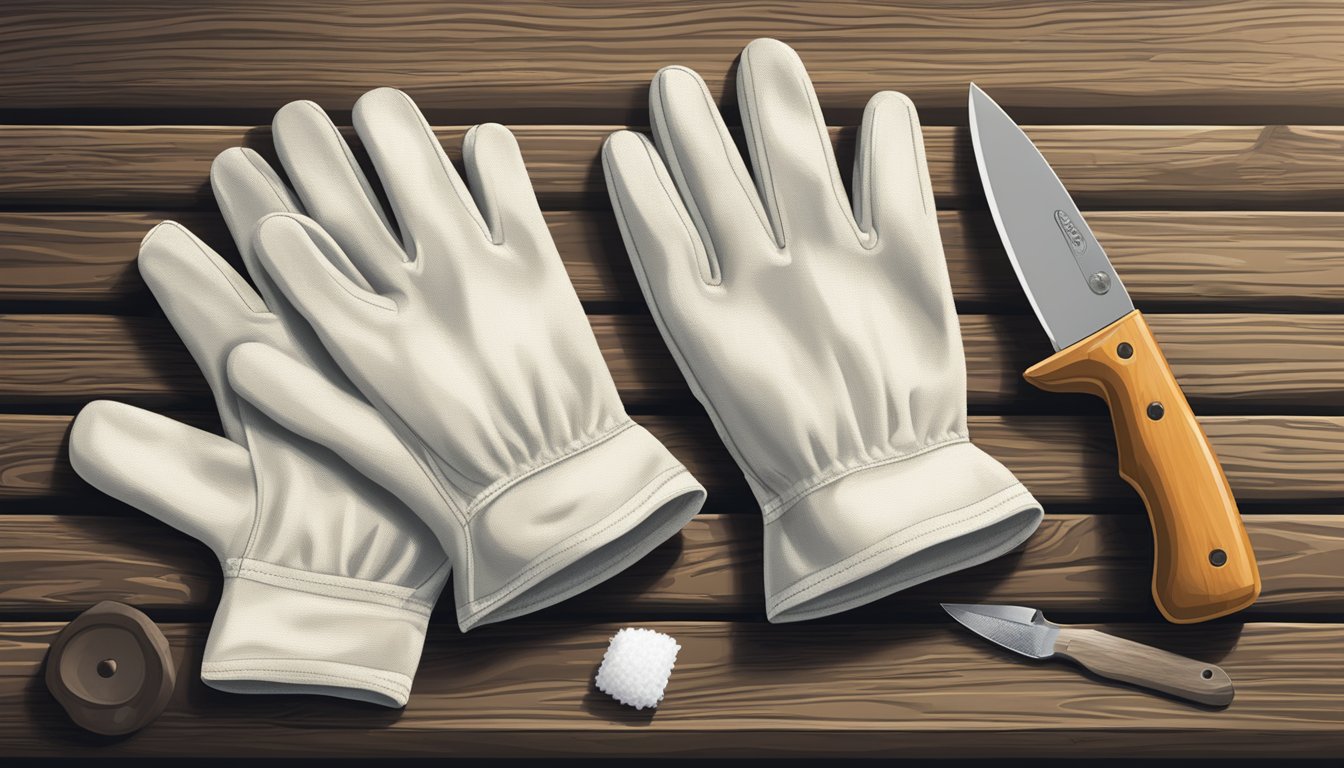 A pair of field dressing gloves lies on a wooden table next to a hunting knife and a roll of gauze. A tractor supply logo is visible in the background