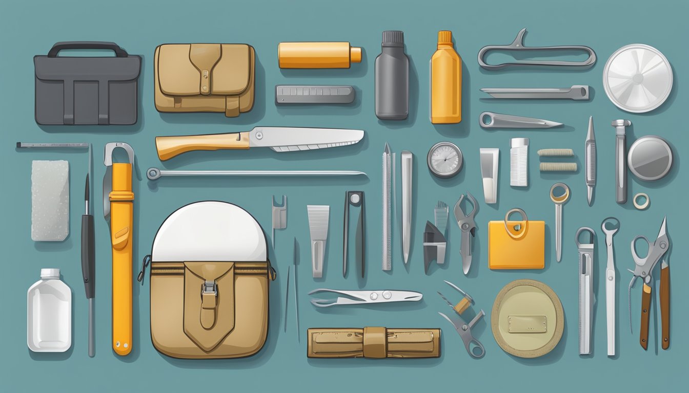 A field dressing kit laid out on a clean, organized surface with various tools and supplies neatly arranged