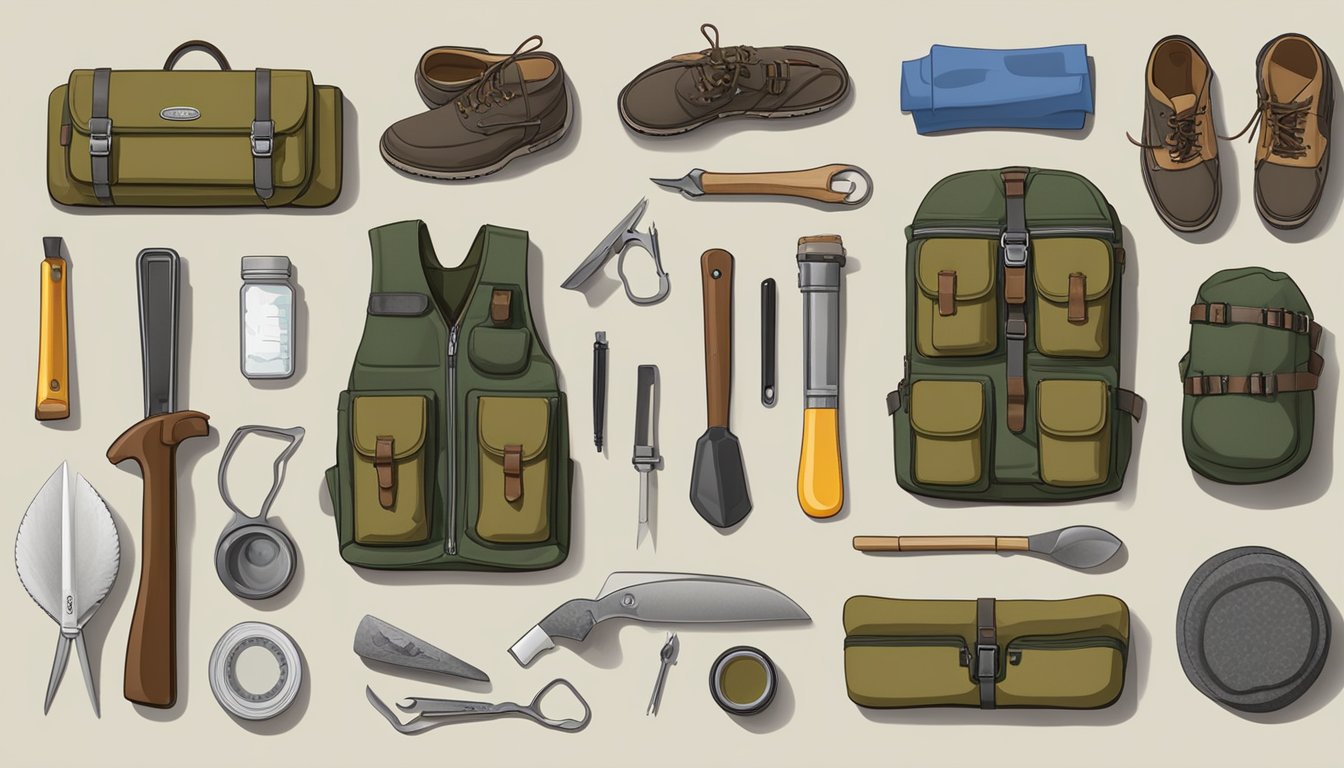 A field dressing kit laid out on a flat surface, surrounded by hunting gear and tools