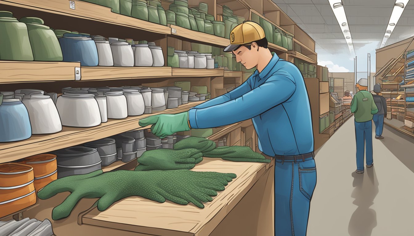 A pair of field dressing gloves being carefully selected from a display at Tractor Supply