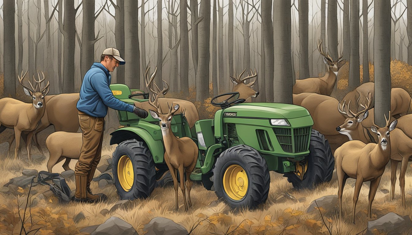 A hunter using field dressing gloves from Tractor Supply to process a deer in a wooded clearing