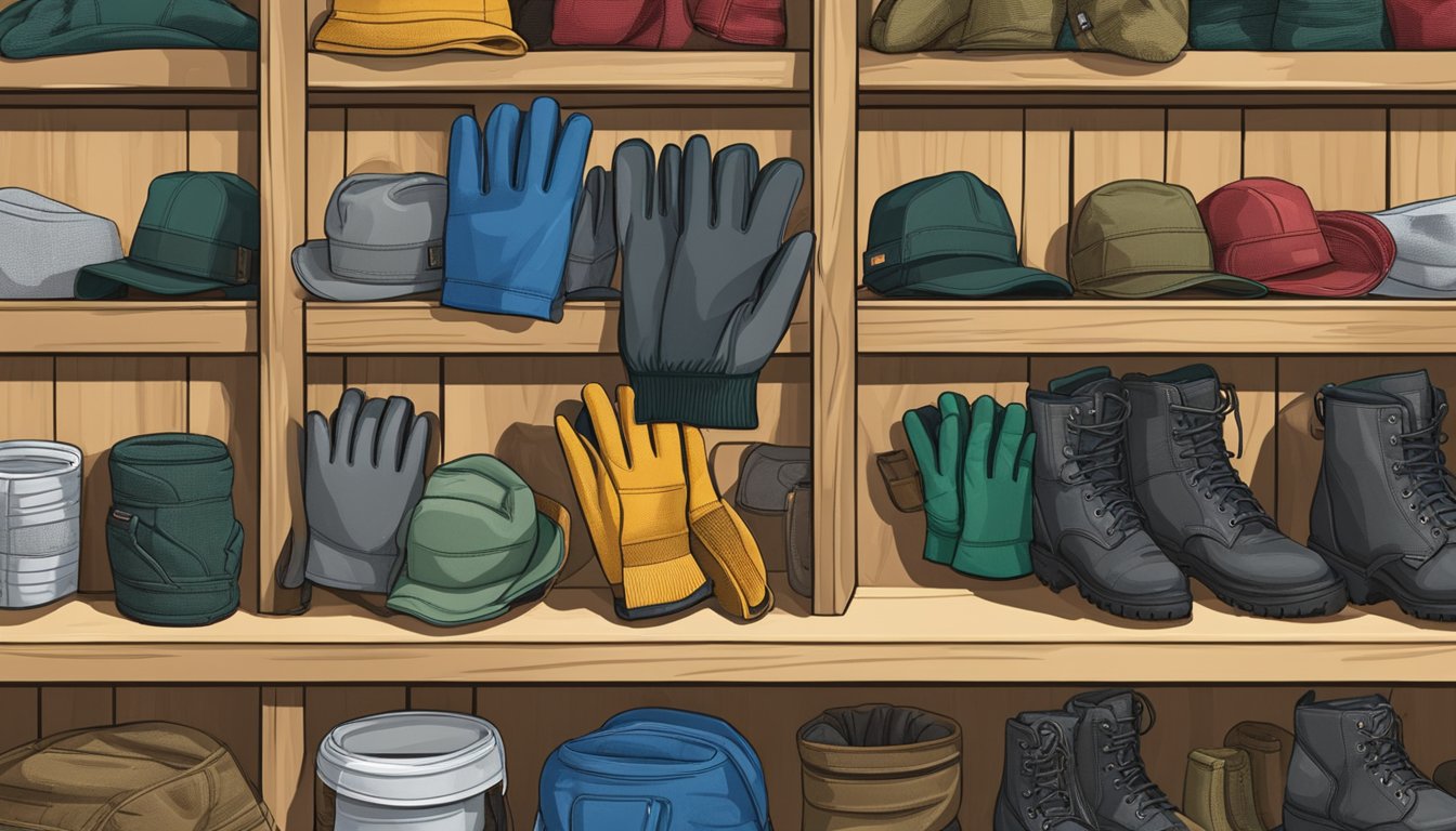 A pair of field dressing gloves sits on a shelf at Tractor Supply, surrounded by other outdoor gear and equipment