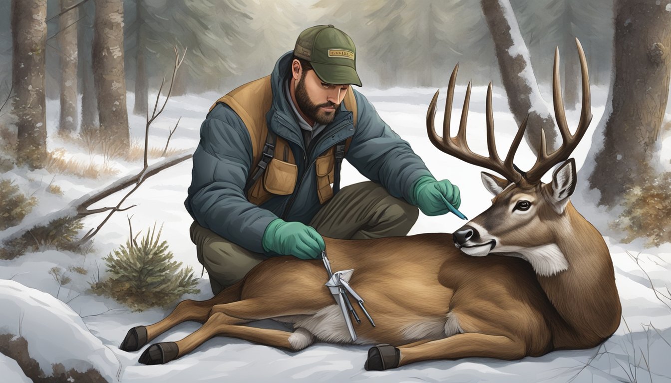 A hunter applying a field dressing to a deer with gloves and medical supplies nearby