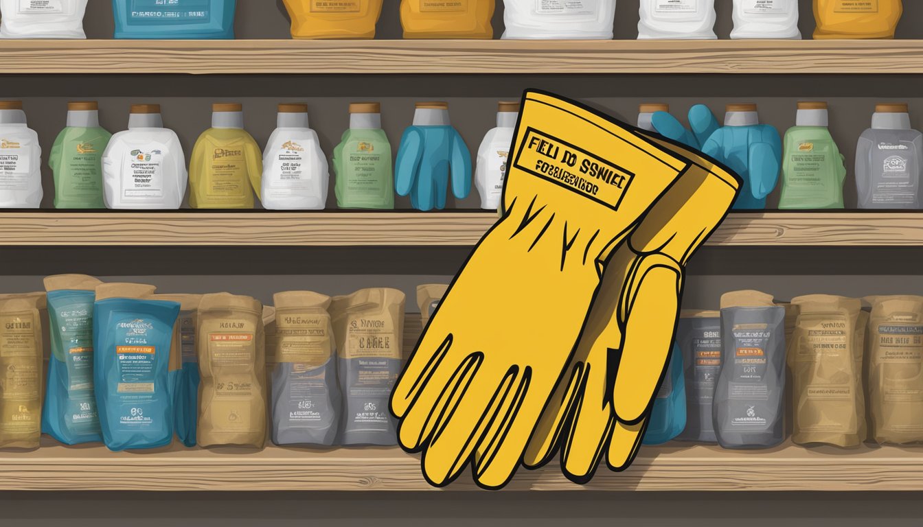 A pair of field dressing gloves displayed on a shelf at Tractor Supply, with legal and regulatory considerations signage in the background