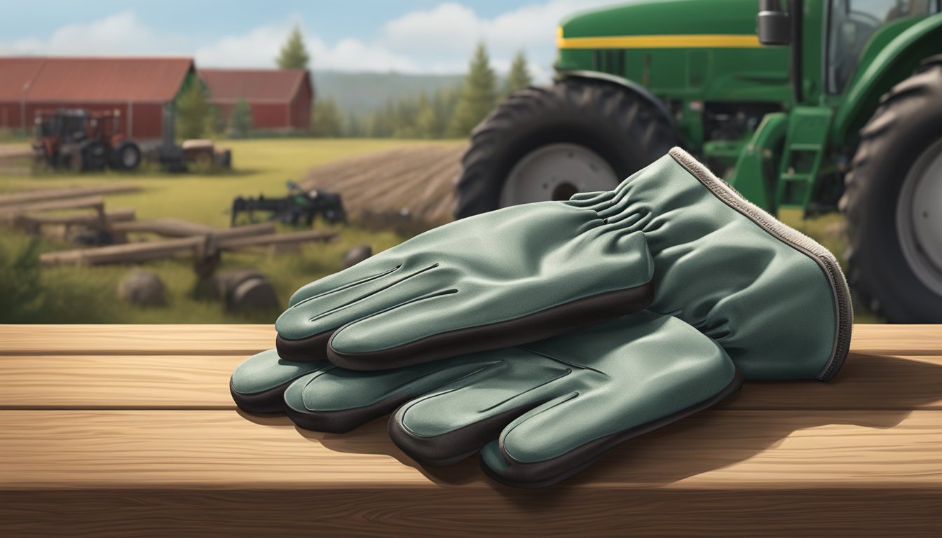 A pair of field dressing gloves rests on a wooden table next to a rugged tractor supply store