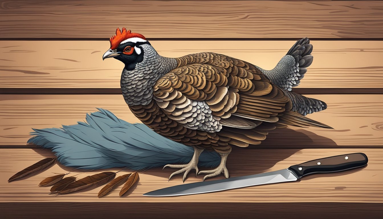 A grouse lies on a wooden surface, feathers ruffled, with a knife and a pair of gloves nearby