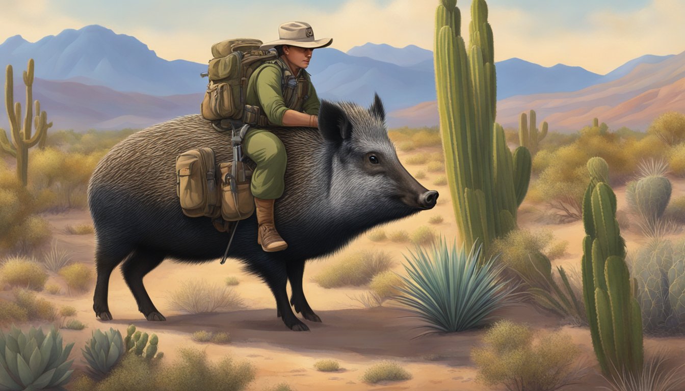 A hunter field dresses a javelina, surrounded by desert brush and cacti