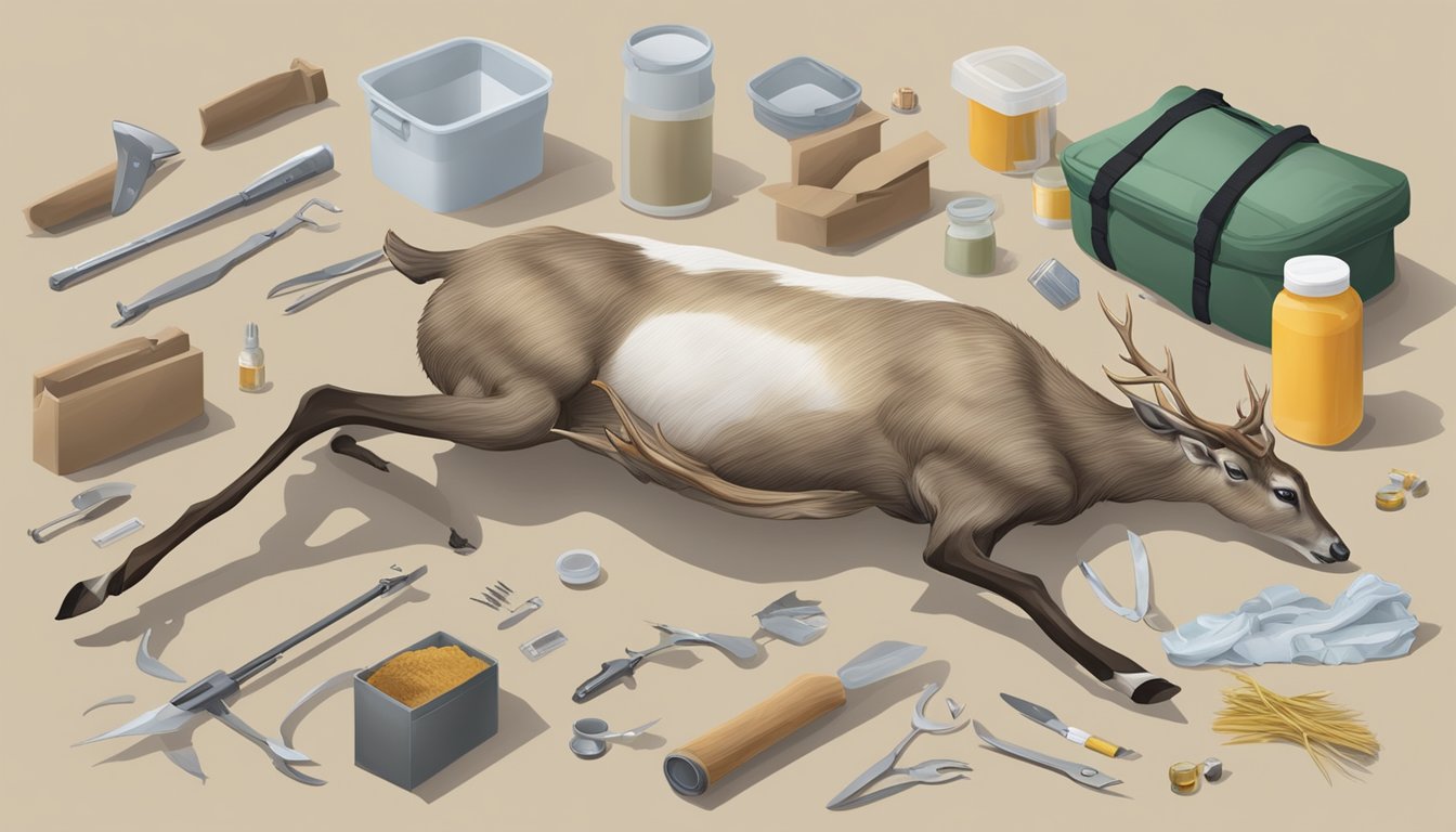 A deer carcass laid out on a clean, flat surface surrounded by a field dressing kit with various tools and equipment