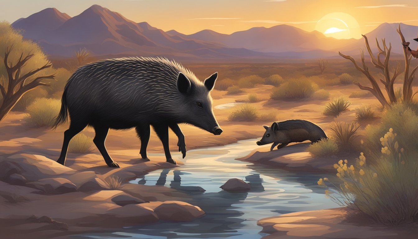 A hunter rinses a knife in a stream, while a javelina carcass lies nearby. The sun sets behind the desert landscape