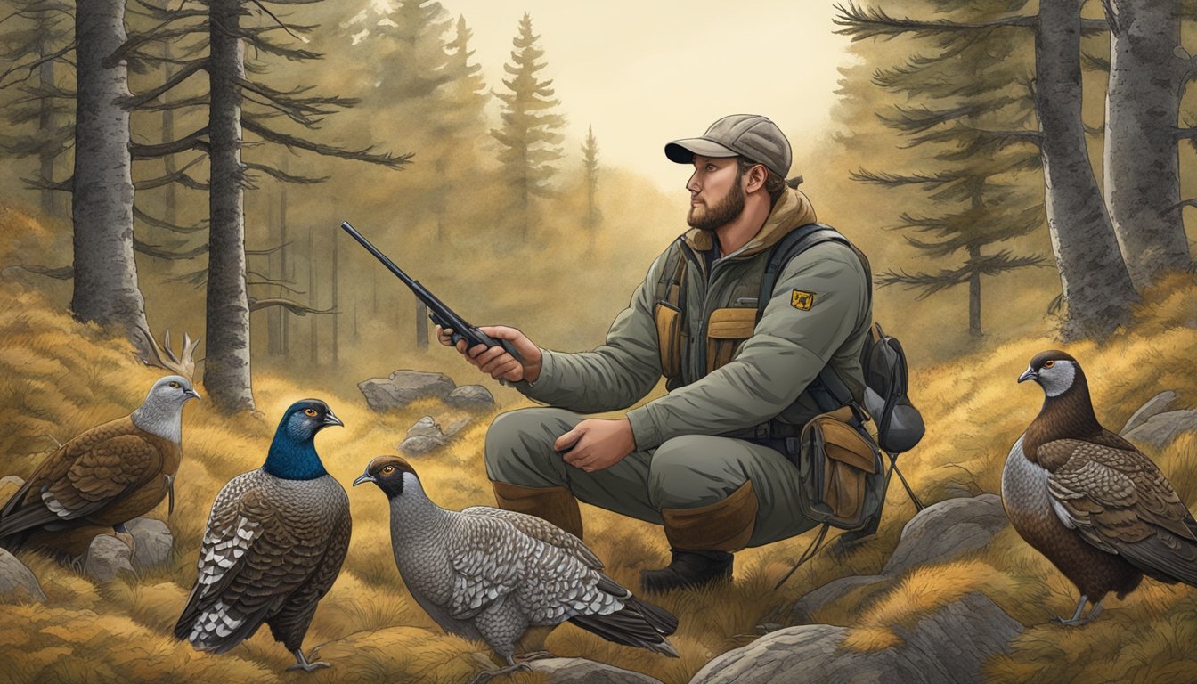 An illustration of a hunter field dressing a grouse, surrounded by forest and equipment