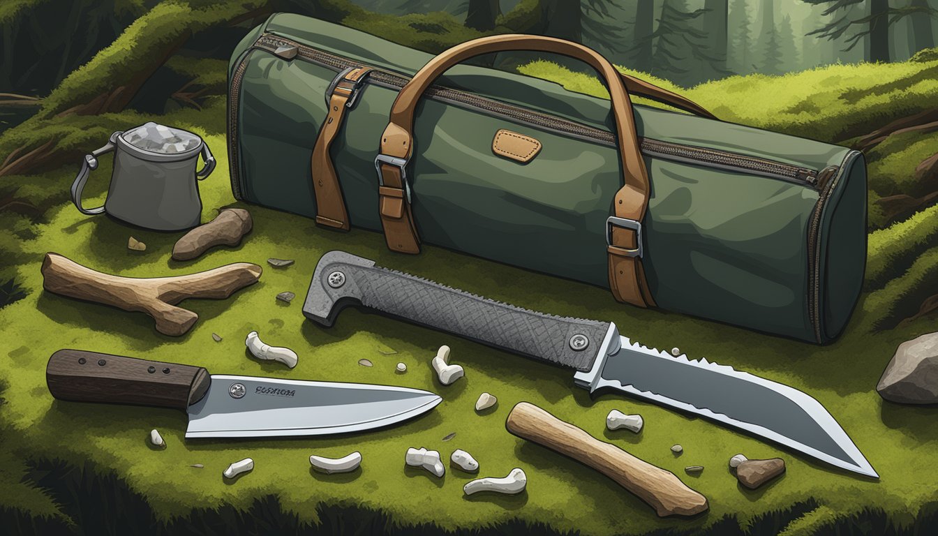 A hunting knife, bone saw, and game bags arranged on a mossy forest floor