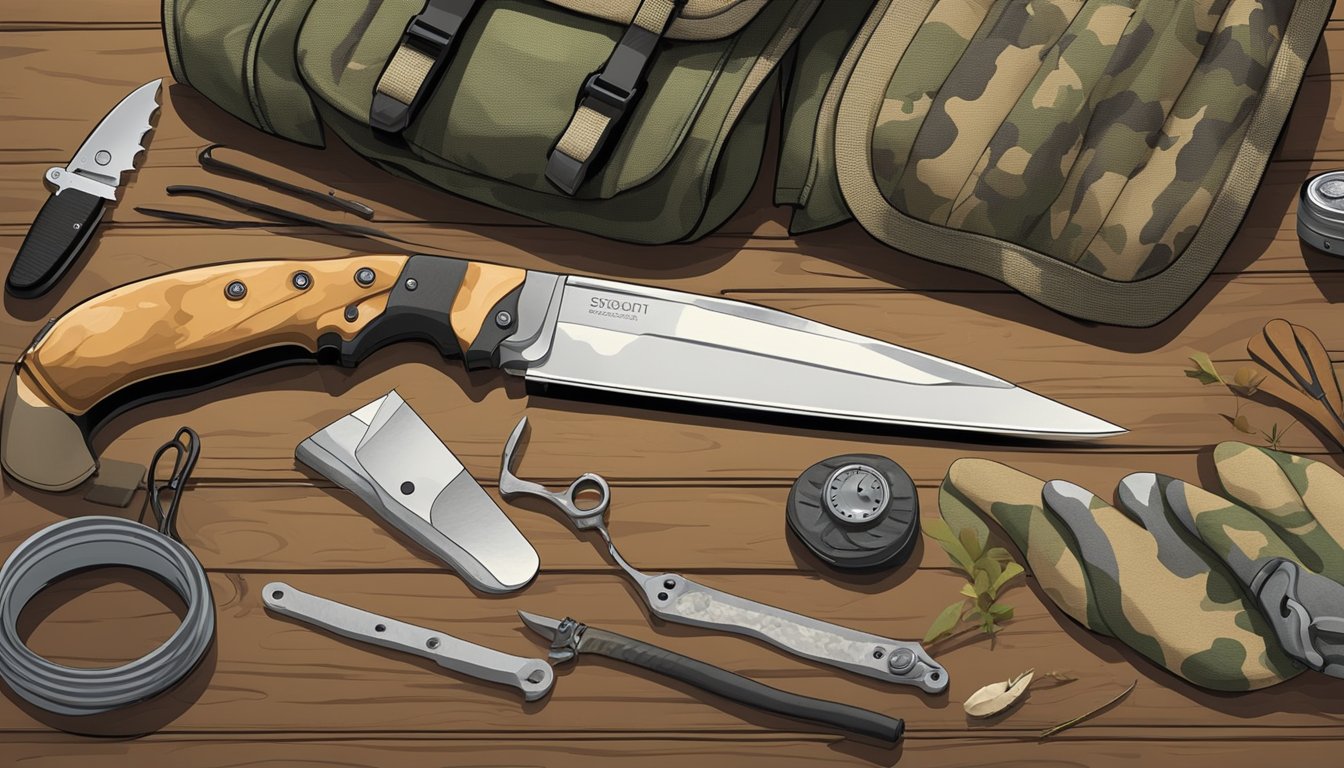 A hunting knife, bone saw, and gloves laid out on a wooden table, surrounded by a camouflage-patterned field dressing kit