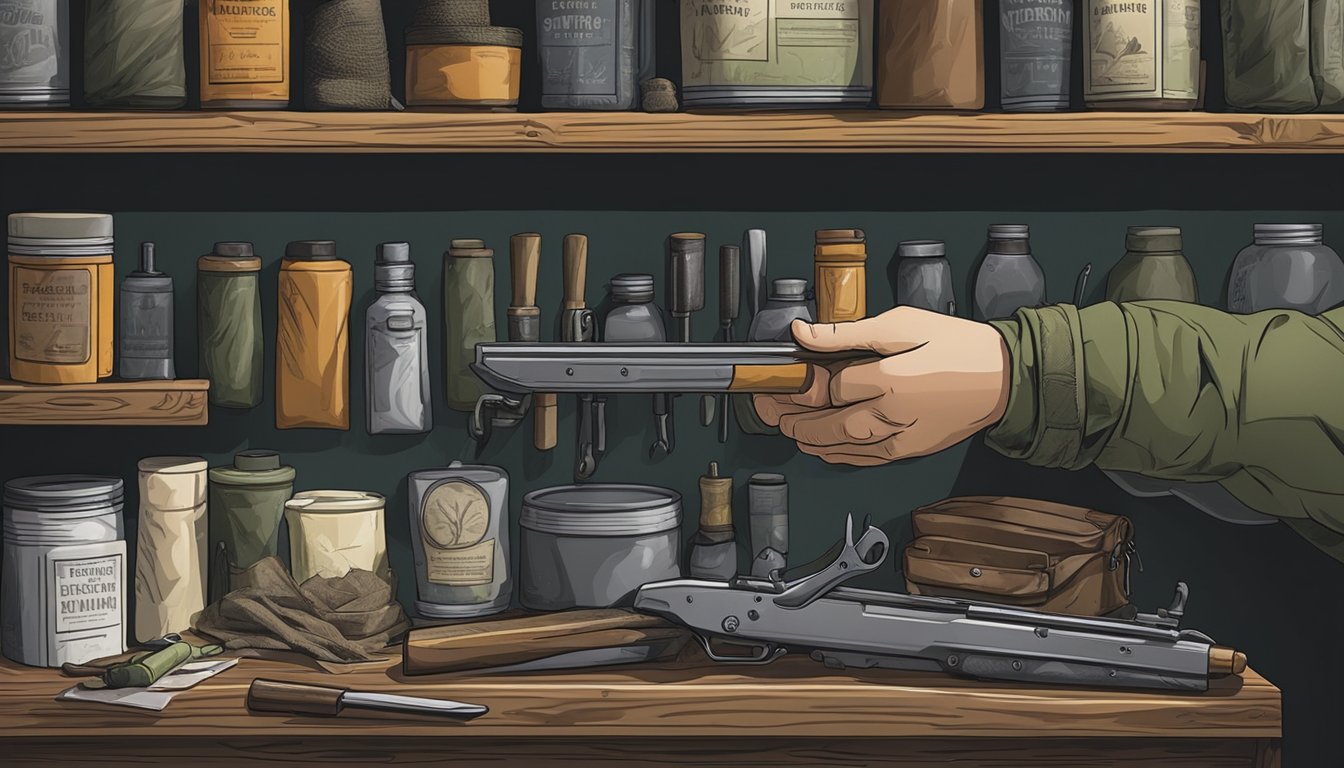 A hunter's hand reaching for a field dressing kit on a cluttered shelf in a dimly lit hunting supply store