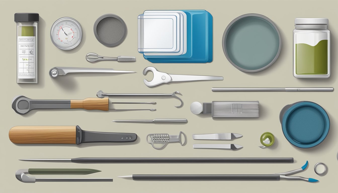 A field dressing kit displayed on a clean, well-lit counter with various tools neatly arranged and labeled