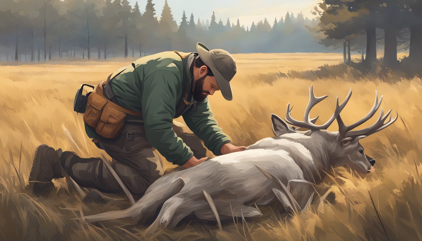 A hunter lays out a deer carcass in a field, ready to begin the gutless method of field dressing. The animal is positioned on its back with its legs spread