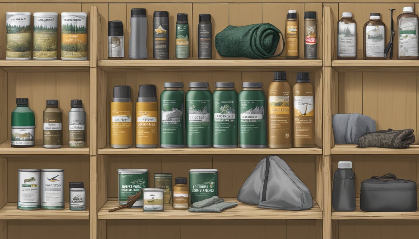 A field dressing kit displayed on a shelf at Canadian Tire, surrounded by other hunting and outdoor equipment