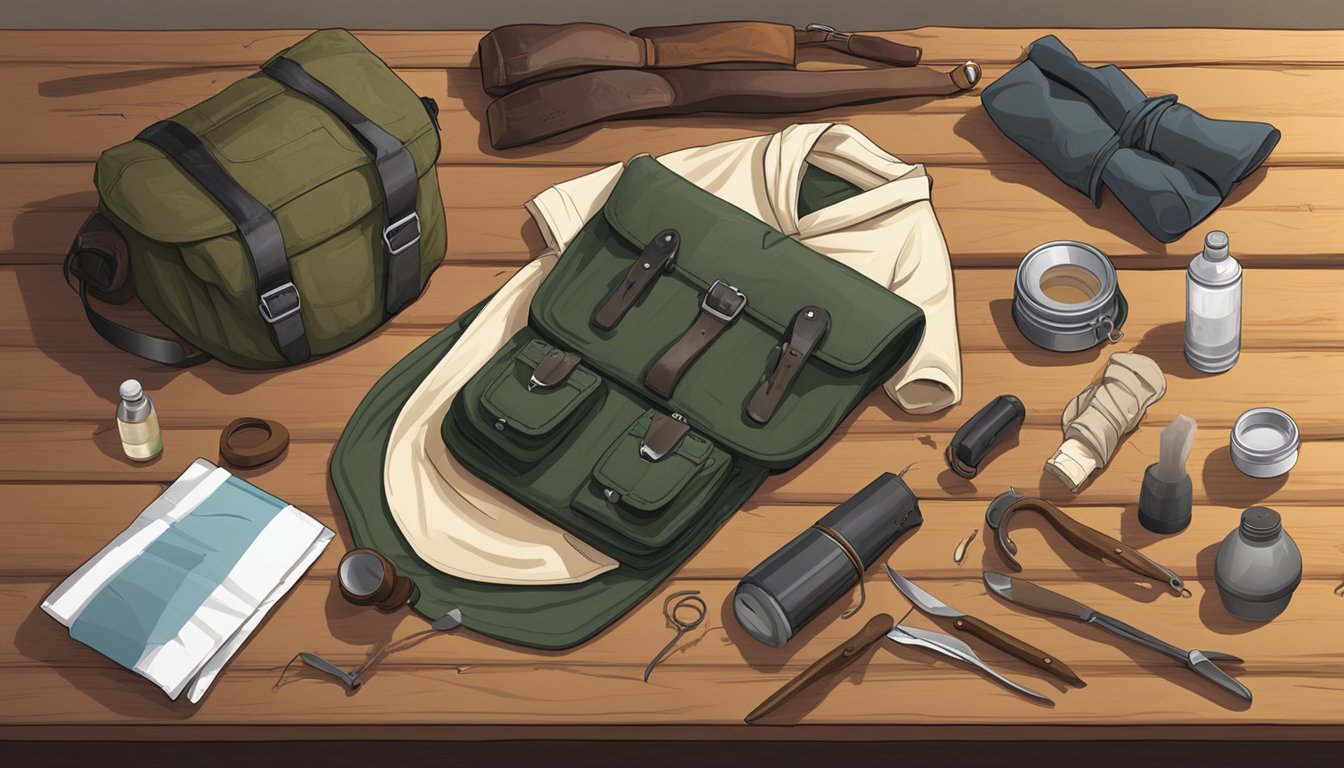 A field dressing kit laid out on a wooden table, surrounded by hunting gear and a blood-stained cloth