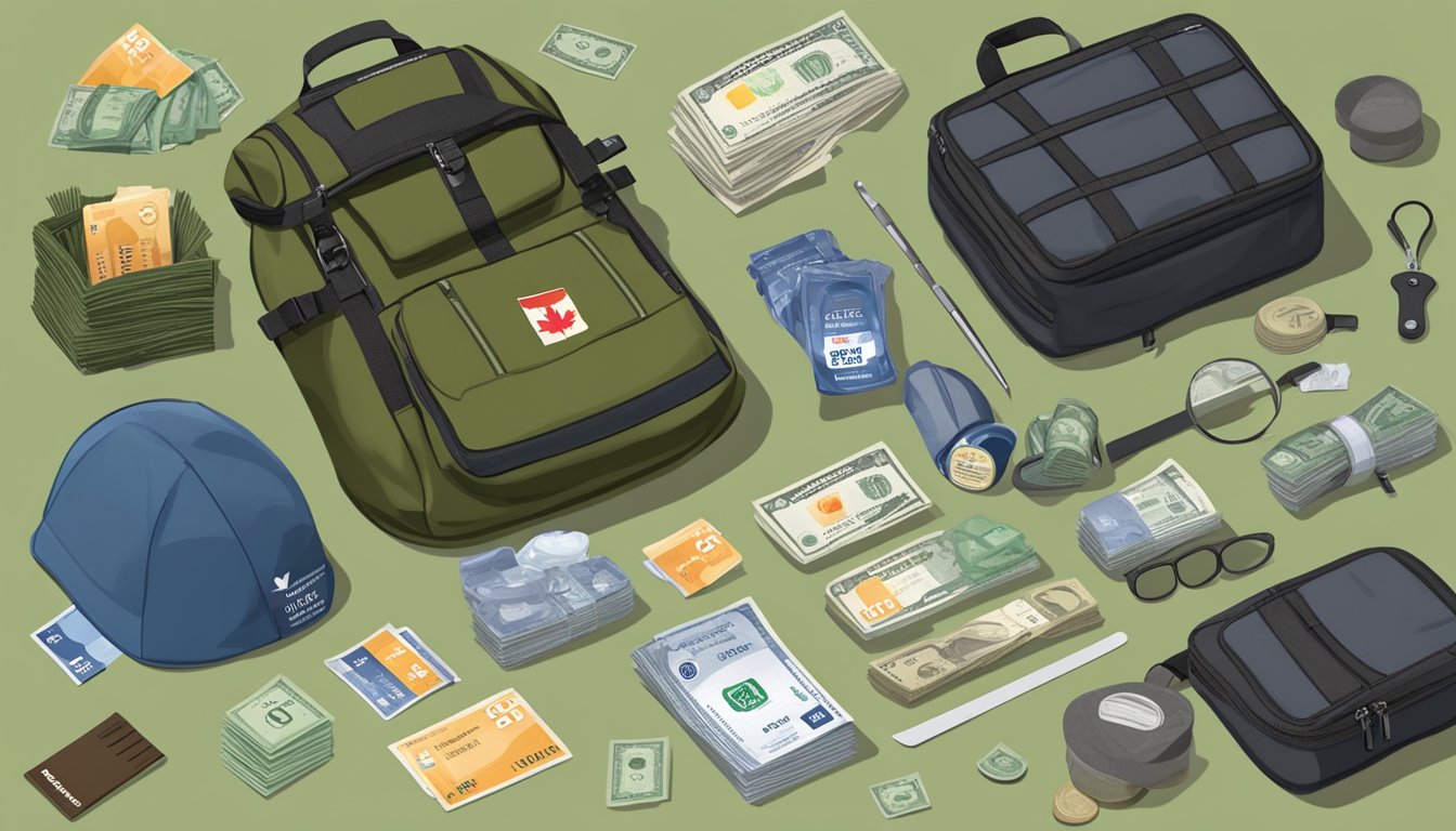 A field dressing kit and Canadian Tire rewards card surrounded by various outdoor gear and money