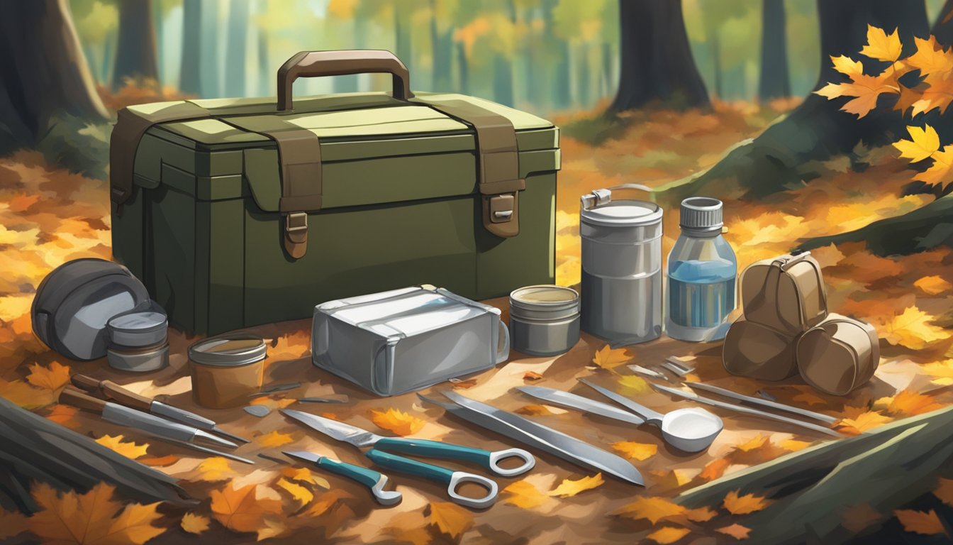 A field dressing kit sits open on a forest floor, surrounded by fallen leaves and twigs. The sunlight filters through the trees, casting dappled shadows over the tools and supplies