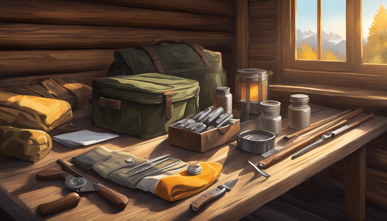 A field dressing kit sits on a wooden table in a rustic cabin, surrounded by hunting gear and camouflage clothing. The soft glow of sunlight filters through the window, casting a warm and inviting atmosphere