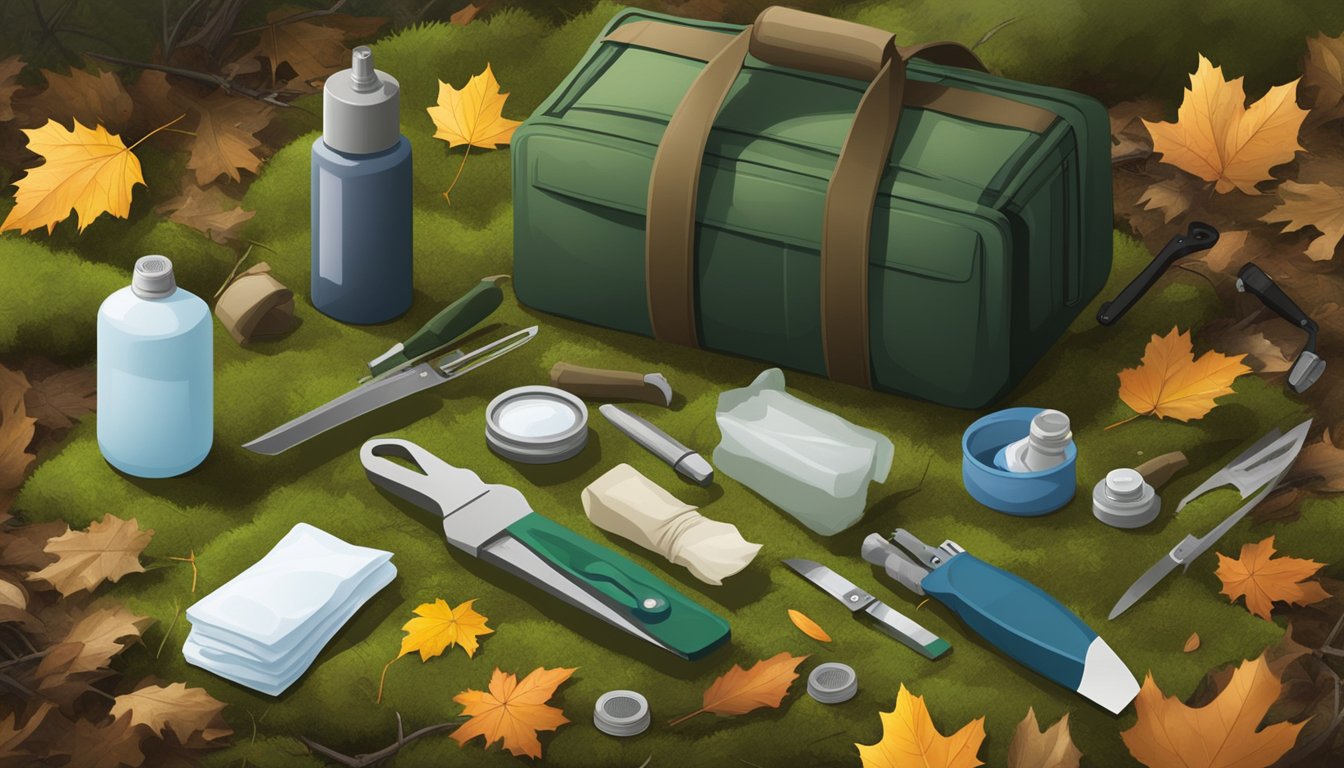 A field dressing kit laid out on a mossy forest floor, surrounded by fallen leaves and twigs. The kit includes a knife, gloves, gauze, and antiseptic spray