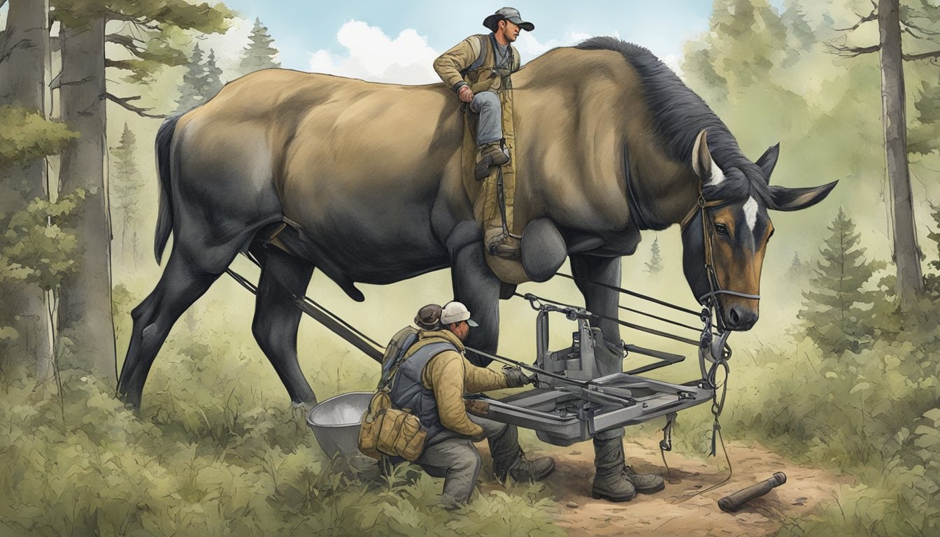 A hunter using a field dressing hoist to lift and clean a large game animal in a wooded area