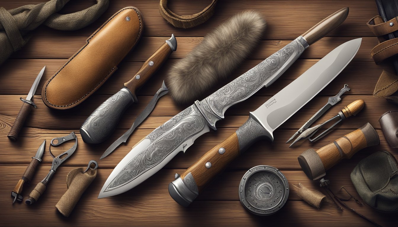 A field dressing knife lying on a rustic wooden table, surrounded by hunting gear and animal pelts