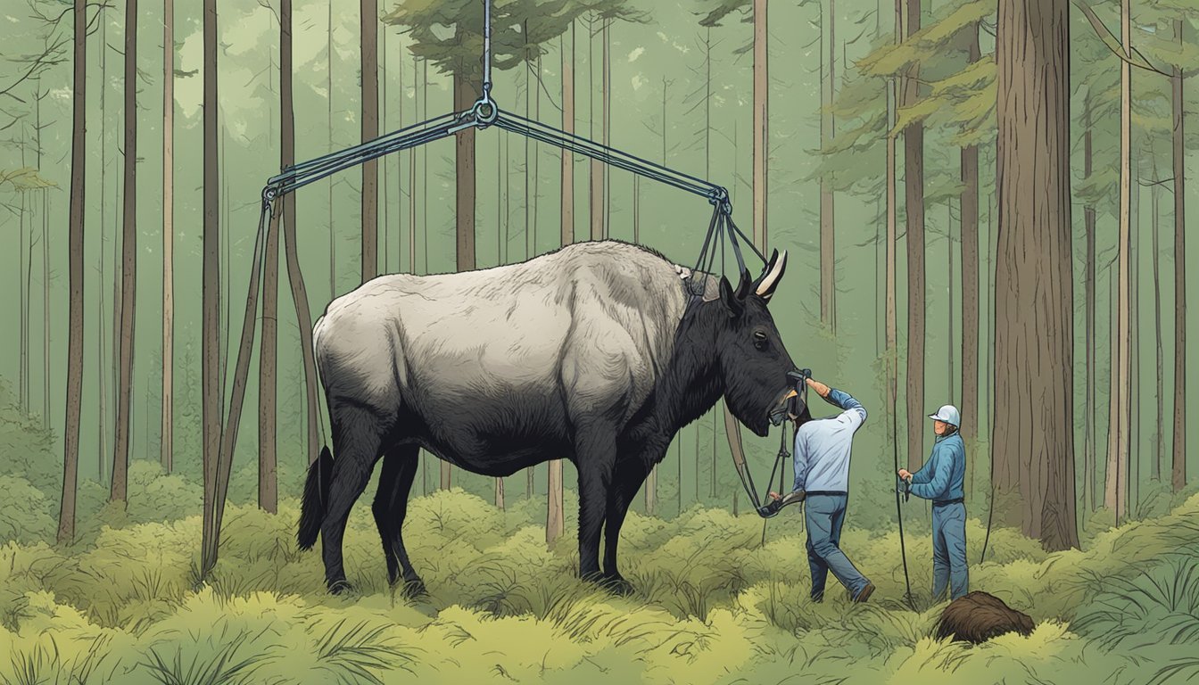 A field dressing hoist lifting a large animal carcass in a forest clearing