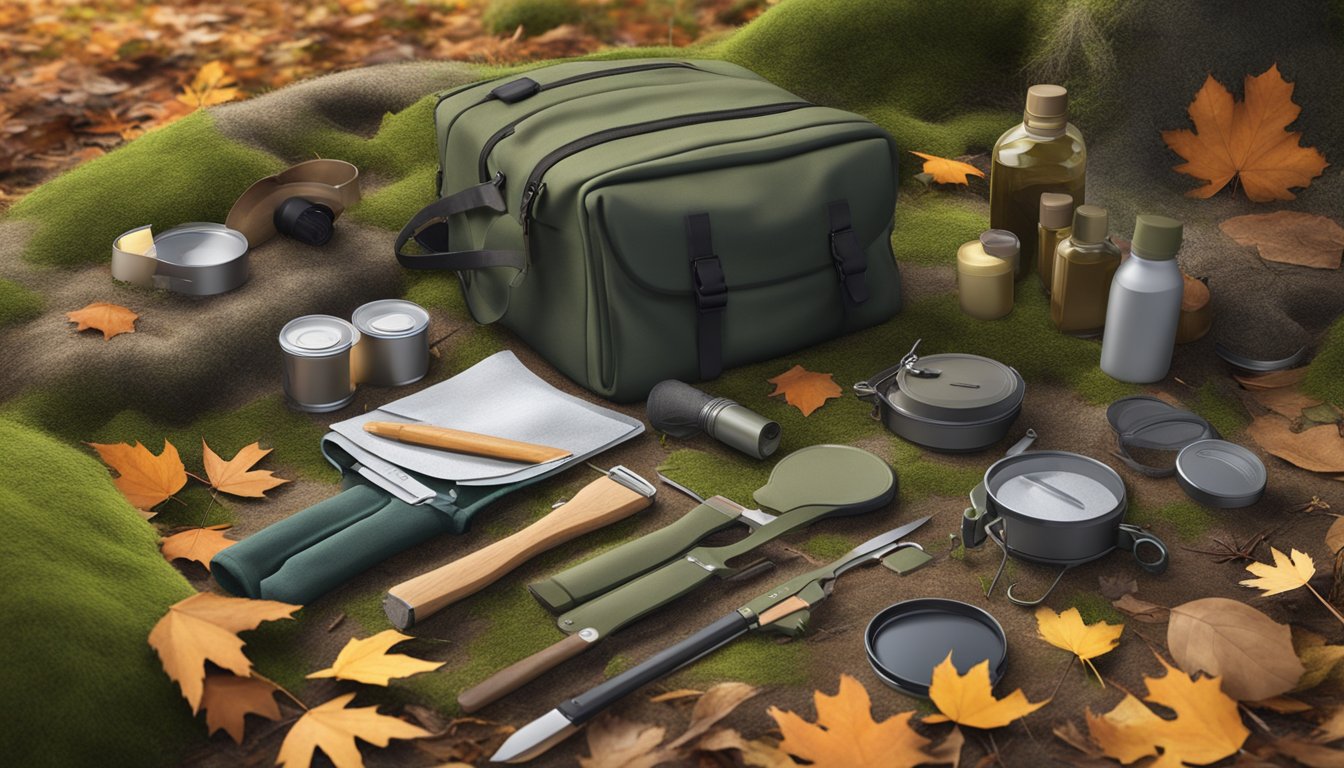 A hunting field dressing kit laid out on a mossy forest floor, surrounded by fallen leaves and twigs